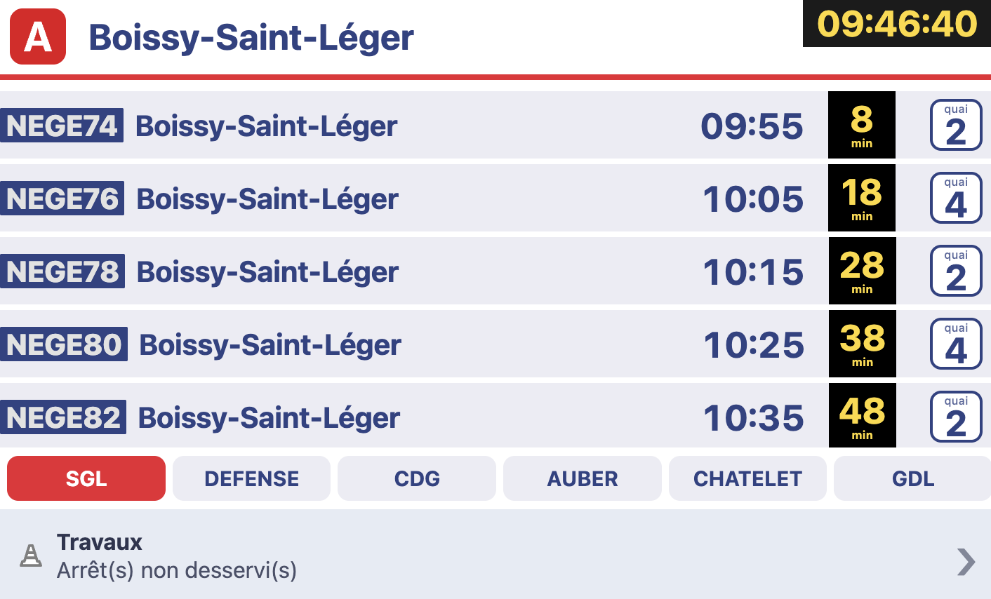Exemple d'écran : prochains départs du RER A avec horaires, temps d'attente et quais